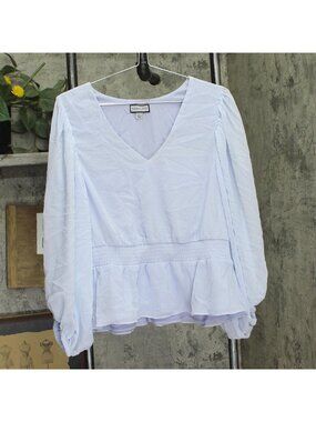 Sam & Jess Womens Shirred Long Sleeve Peplum V-Neck Smocked Top Pastel Blue XL